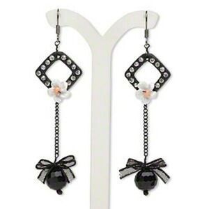 Handmade Gunmetal Crystal Flowers and Bows Kitchen Sink Dangle Earrings